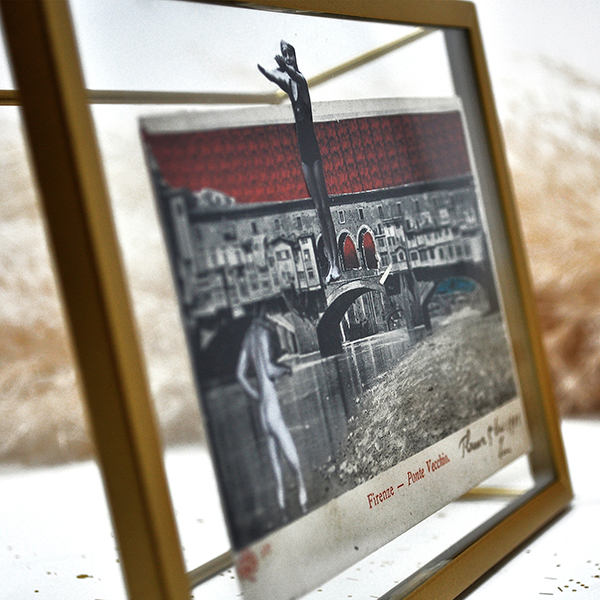 Collage su Cartolina Antica con supporto; Cartolina Vintage, Pop Art, Collage Pop Art, Arte Collage, Artistic Collage, Pop Art Postcard, "Tuffo da Ponte Vecchio, Firenze", dettaglio